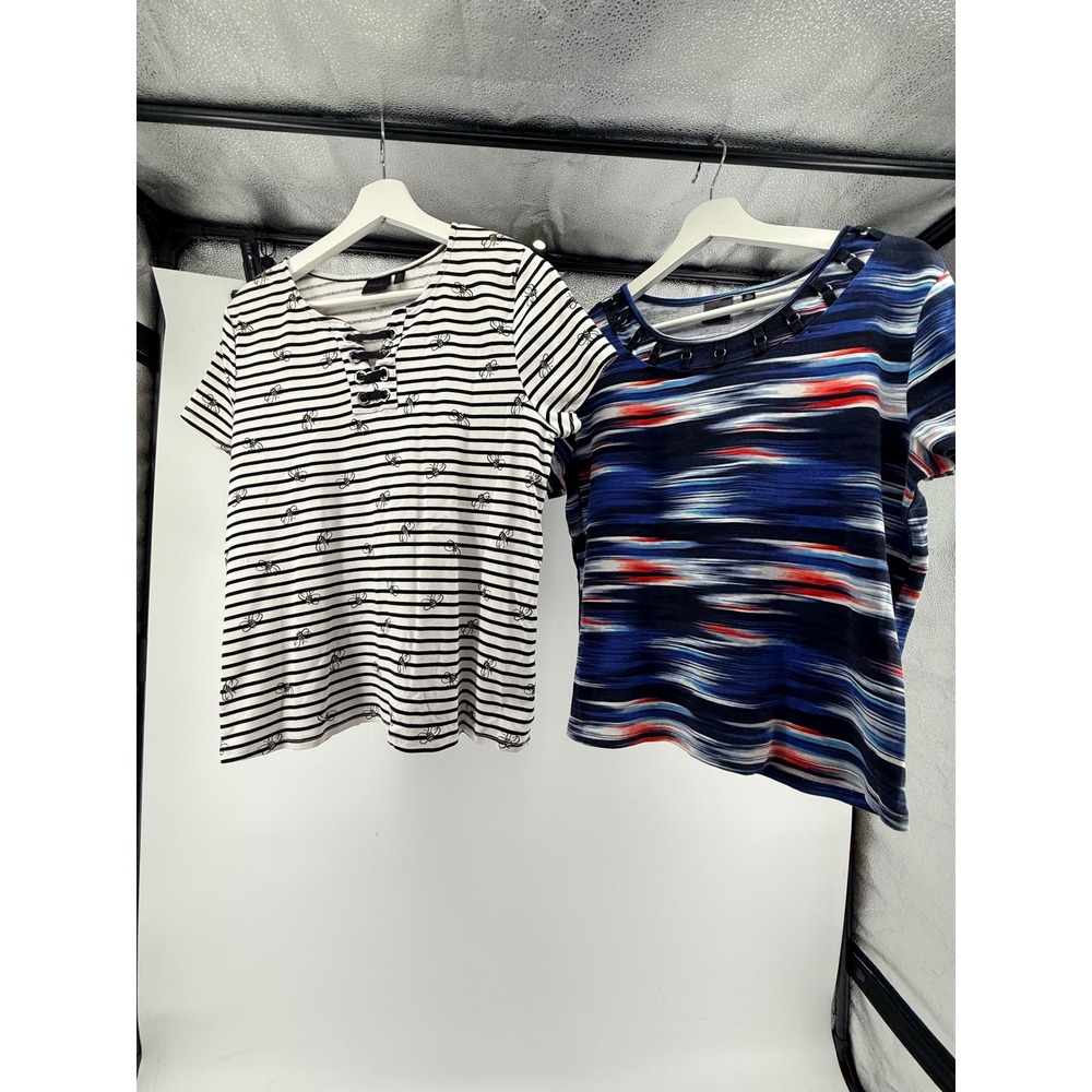 Lot of 2 Rafella Short Sleeve Tops Striped Bee & Blue Abstract Grommet Neck